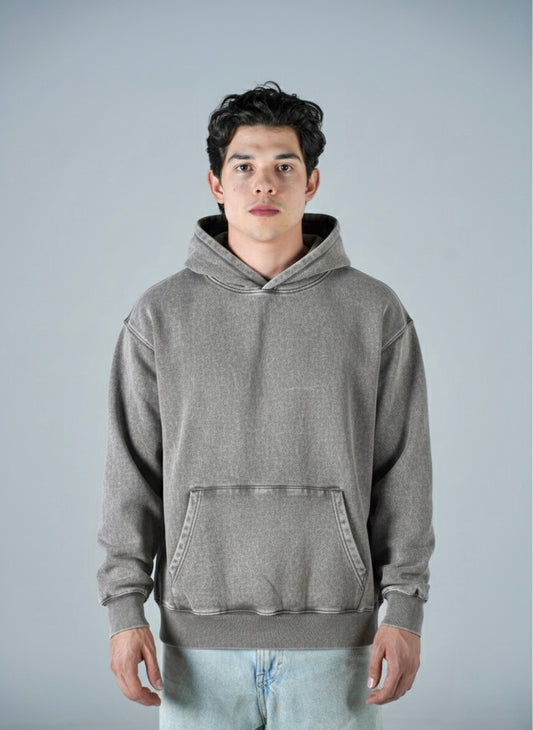 Hoodie Semi Oversize Acid Wash Gray French Terry 420 Gsm