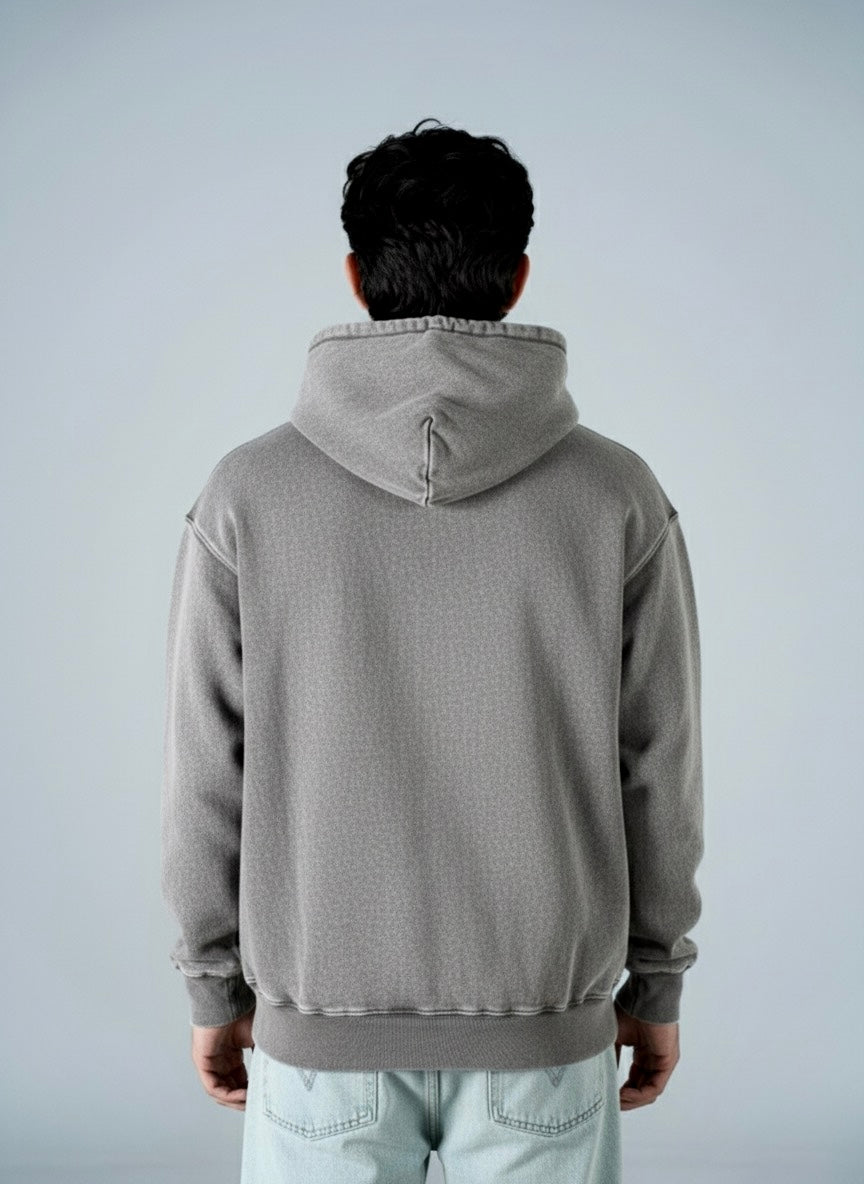 Hoodie Semi Oversize Acid Wash Gray French Terry 420 Gsm
