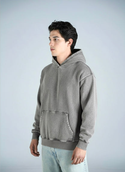 Hoodie Semi Oversize Acid Wash Gray French Terry 420 Gsm