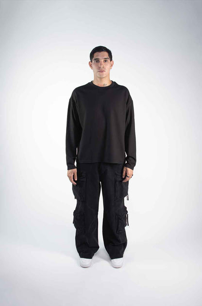 Playera Waffle Manga Larga Negra 220 GSM