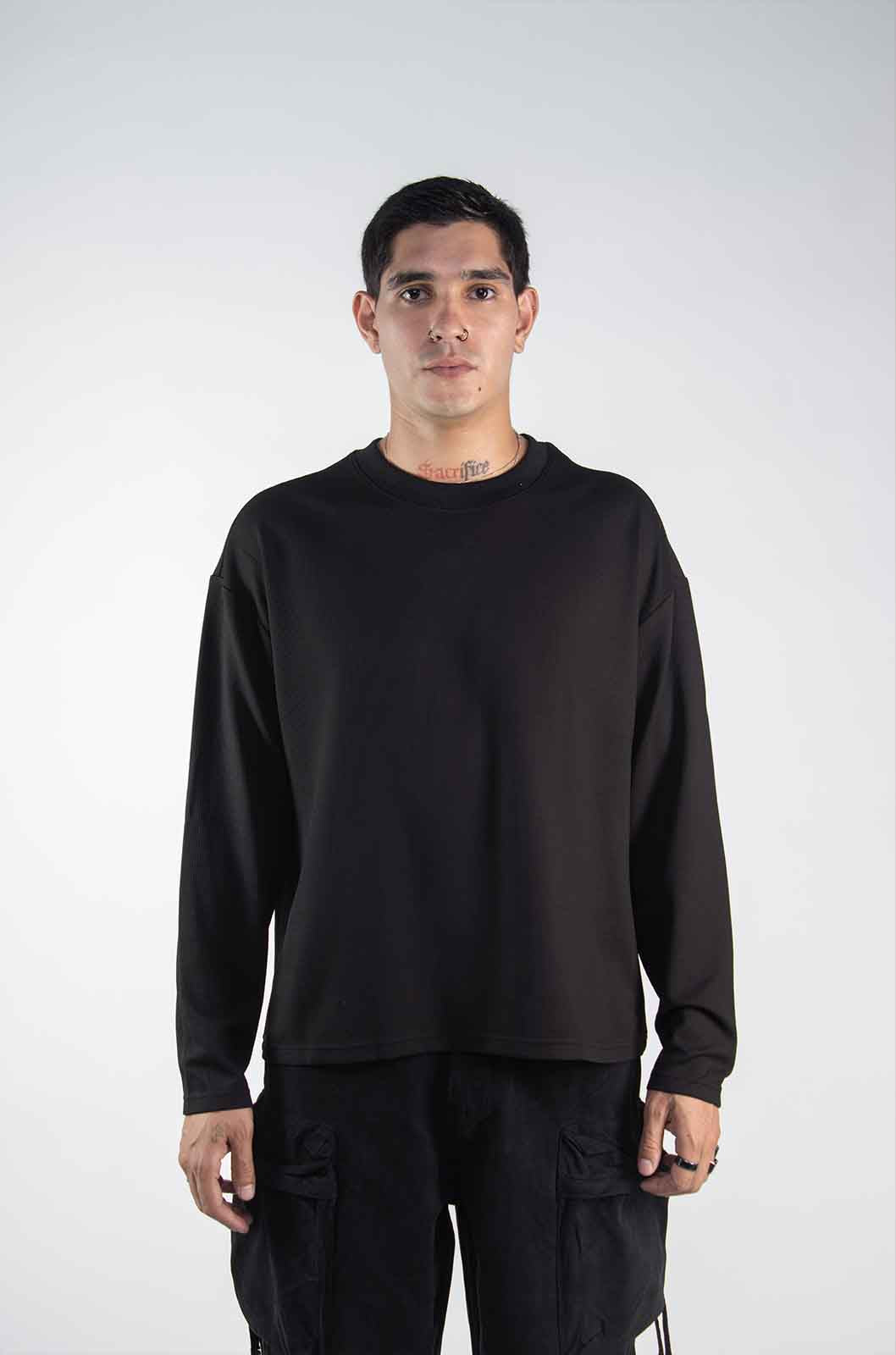 Playera Waffle Manga Larga Negra 220 GSM
